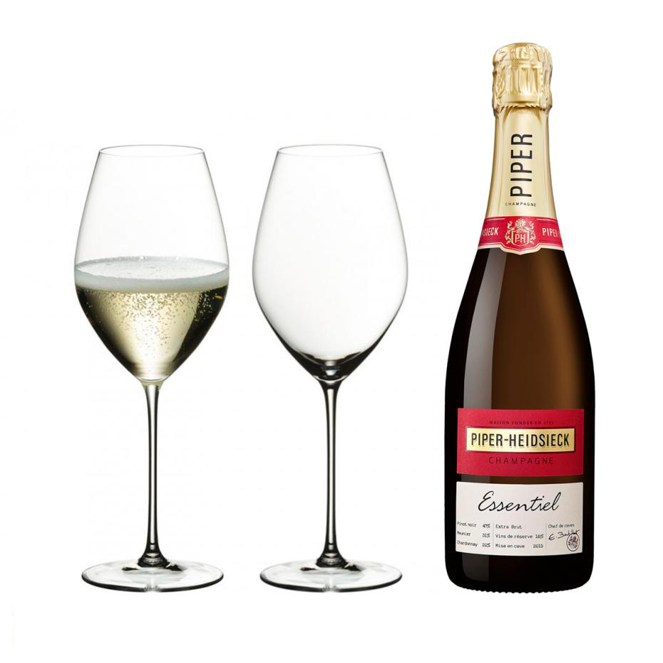 <マリアージュセット> リーデル・ヴェリタス シャンパーニュ・ワイン・グラス ペア+パイパー・エドシック　エッセンシエル　エクストラ・ブリュット 750ml